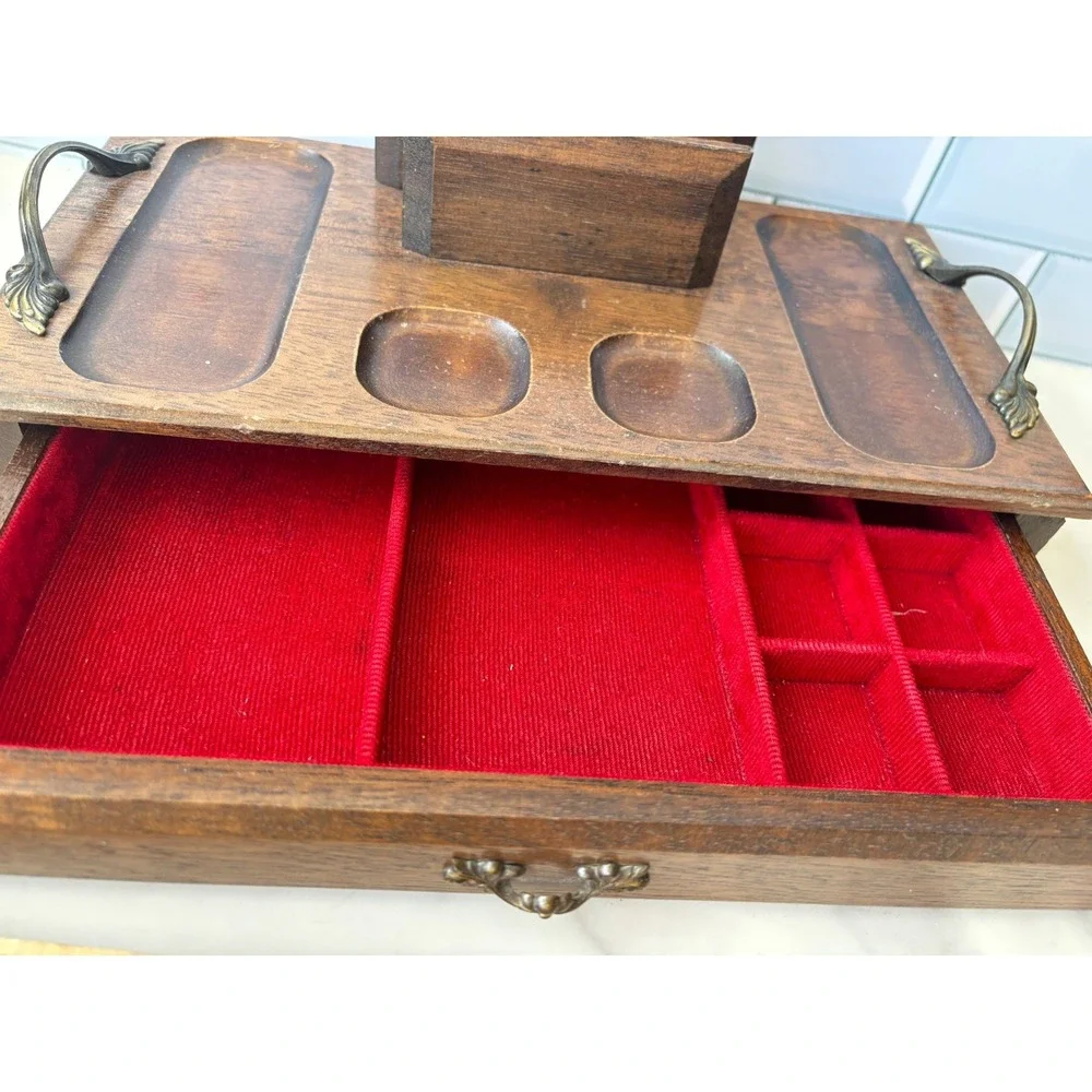 Vintage 1971 Royal London Wood Valet Box Jewelry Organizer Desk Caddy Japan Red